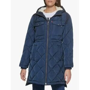 EUC Levis Long Quilted Puffer Coat - Navy Blue - Size XL